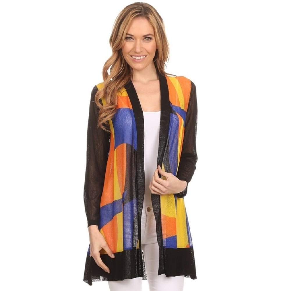 Multi Color Mesh Bold Print Loose Fit Open Front